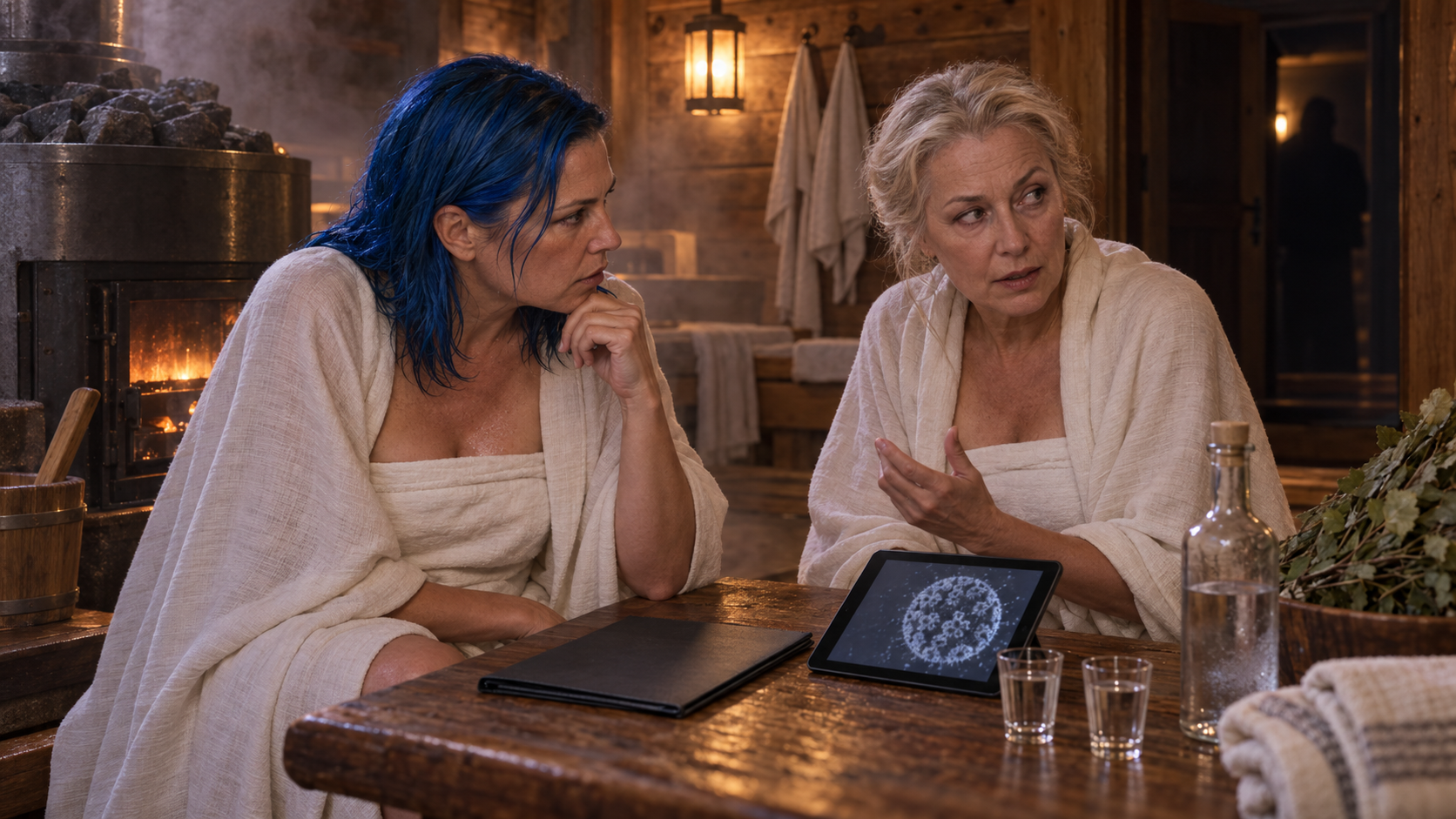 Kathryn and Svetlana discussing the virus in a Russian banya